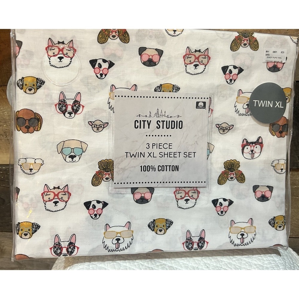 DOG Print TWIN XL Sheet Set Envogue Sheets Assorted Dogs Neutral Colors Soft NEW